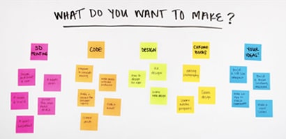 Post-it® super sticky notes on board in columns of each colour denoting what does the student want to make subjects like design code your ideas 3d printing notes break down in more detail helps student think more critically
