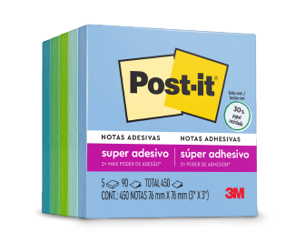 Packshot de notas con notas azules al frente.